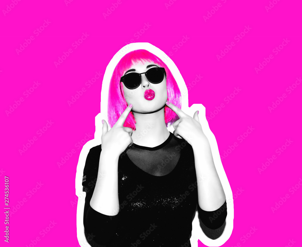 Acid crazy beautiful rock. A girl in a bright pink wig and sunglasses. Dangerous rock party is boring, a woman ironically having fun. Flash style on a colored background. Exclusive Acid crazy beautiful rock. A girl in a bright pink wig and sunglasses. Dangerous rock party is boring, a woman ironically having fun. Flash style on a colored background. Exclusive