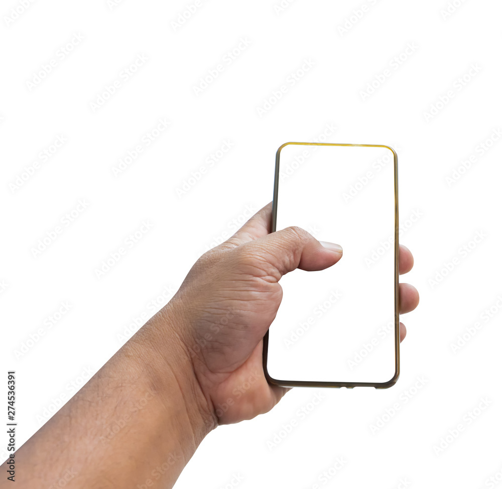 hand man holding mobile phone with blank screen isolated on white background hand man holding mobile phone with blank screen isolated on white background