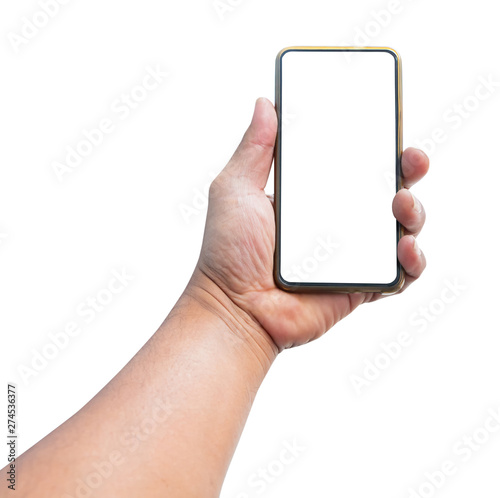 hand man holding mobile phone with blank screen isolated on white background