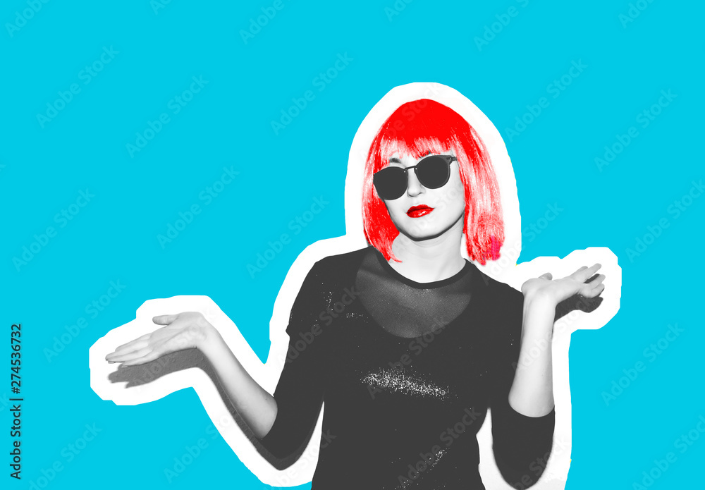 Acid crazy beautiful rock. A girl in a bright pink wig and sunglasses. Dangerous rock party is boring, a woman ironically having fun. Flash style on a colored background. Exclusive
