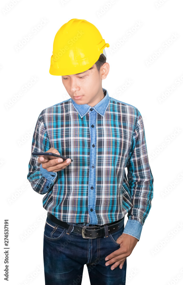 Businessman engineer talk command with cell phone with 5g network, high-speed mobile Internet. and wear wear yellow safety helmet plastic. future technology concept on white background Businessman engineer talk command with cell phone with 5g network, high-speed mobile Internet. and wear wear yellow safety helmet plastic. future technology concept on white background