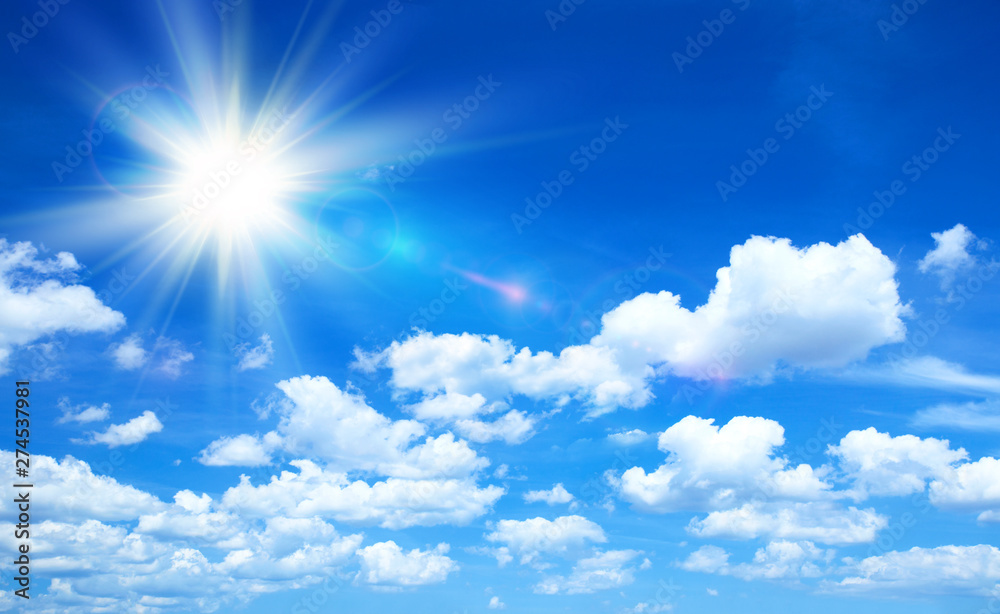 Sunny background, blue sky with clouds and sun - obrazy, fototapety, plakaty 