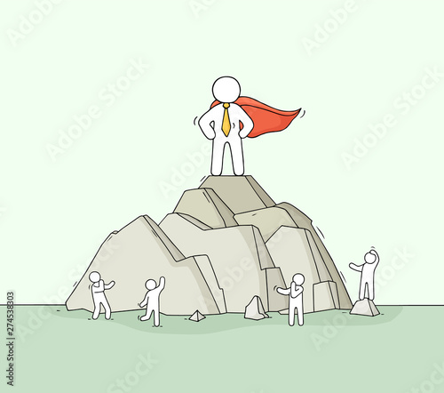 Sketch of man on mountain top.