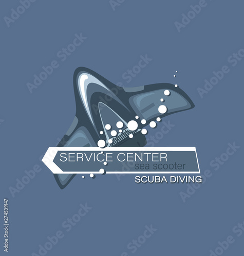 Sea scooter with an arrow. Scuba diving. Service center. Emblem on a gray background. The concept of sports diving.
