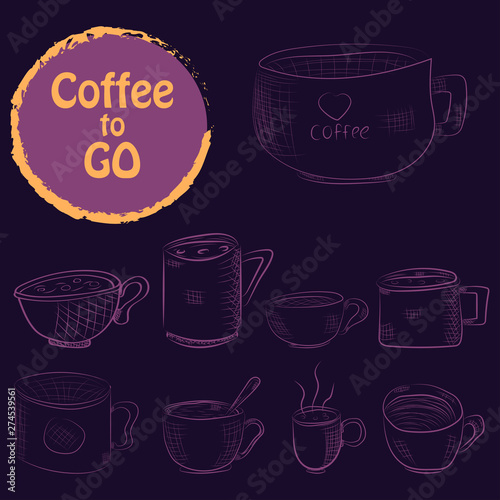 Set of doodle hand drawn sketches isolated on chalkboard background. Design elements for cafe menu or coffee shop.