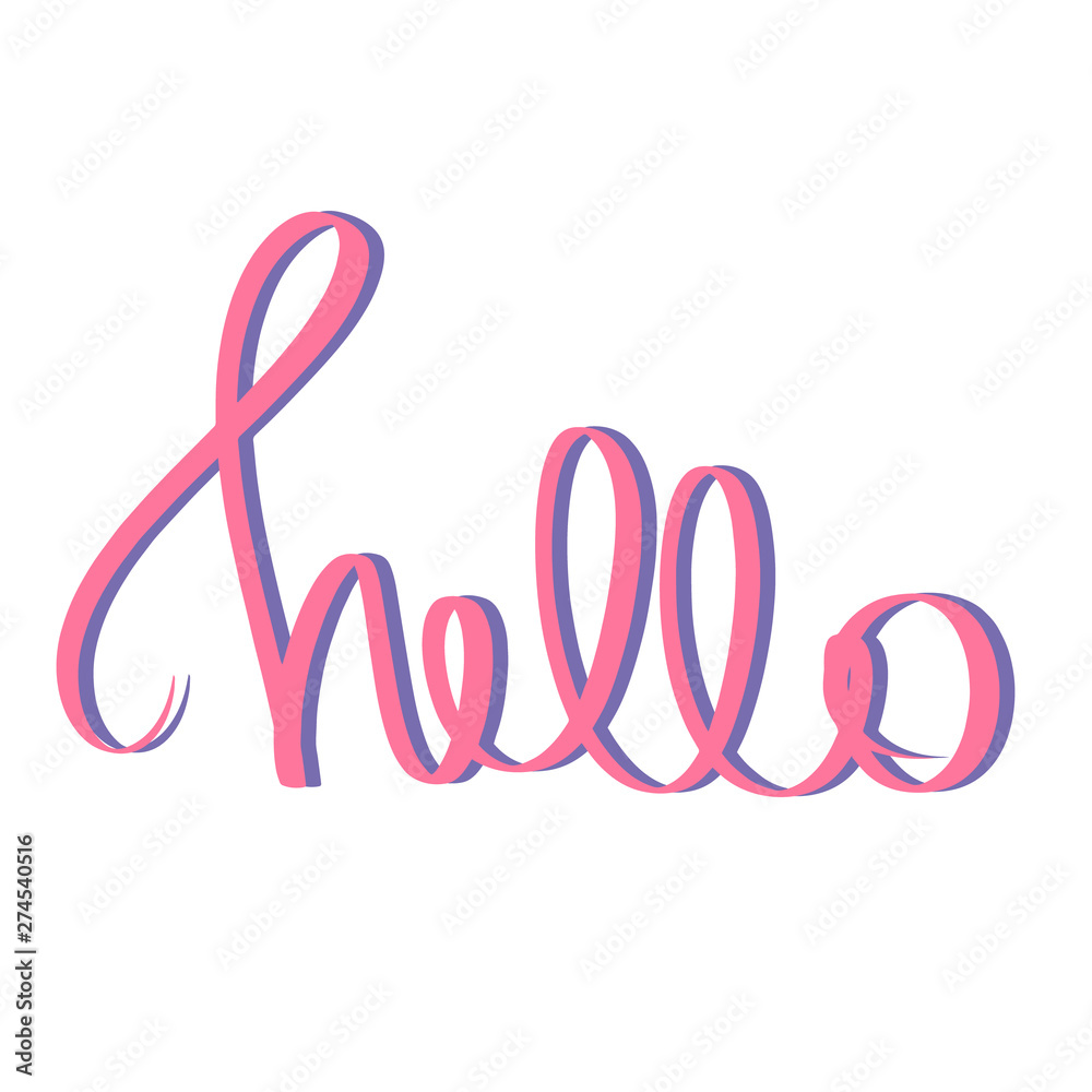 Pink Violet Hello handwritten phrase. Vector cute illustration text graphic design element on white background. Trendy calligraphy poster kid stickers, print t shirt, banner invitation card business