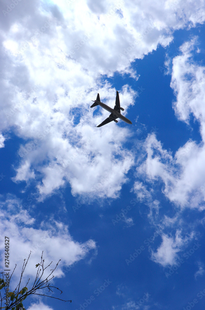 Naklejka premium Airplane taking off from nearby airport, flying towards clouds in sky.