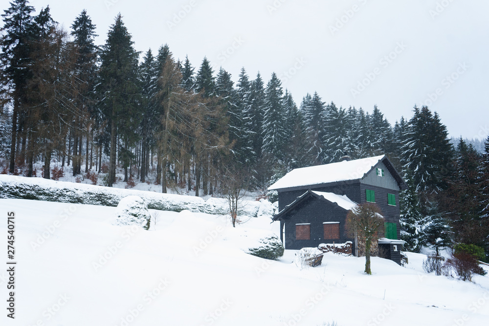 Landhouse in the woods with snow