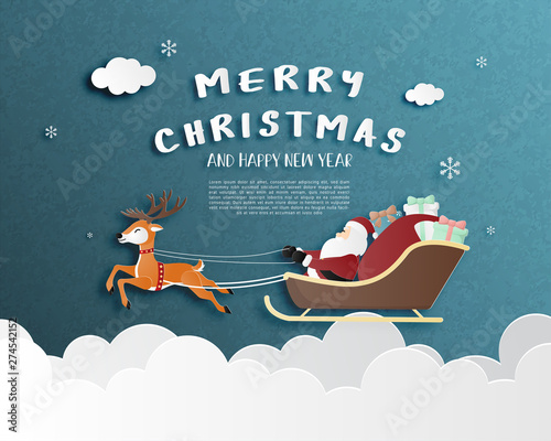 Merry Christmas and Happy new year greeting card in paper cut style.