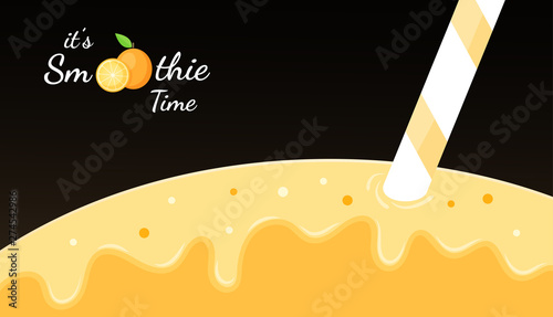 Orange smoothie logo fruit cocktail flat vector illustration. Smoothie logo on black background, closeup orange smoothies cocktail with juicy splash for fitness landing page concept.