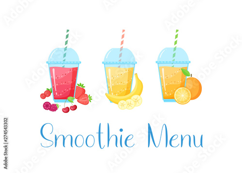 Natural fruit smoothie cocktail colection vector illustration. Sweet protein shake or vegeterian juicy cocktail set, glass cup with straw for smoothie social media banner isolated on white background