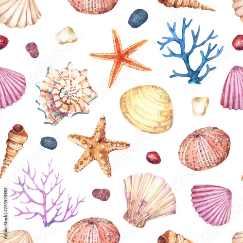 Watercolor seamless pattern with underwater life objects - seashells, starfish, corals, stones and sea urchin.