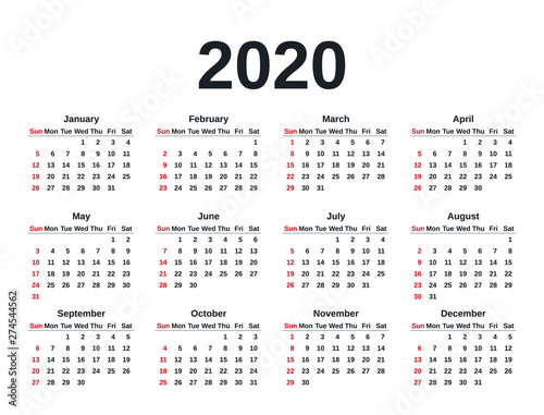 Calendar 2020 in simple style. Vector. Stationery 2020 year template in minimal design. Week starts Sunday. Yearly calendar organizer for weeks. Landscape orientation illustration.