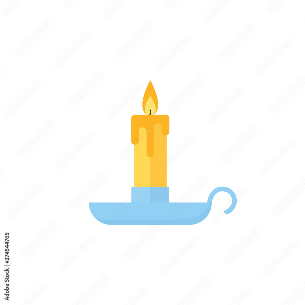 Candle icon. Vector. Christmas symbol. Burning yellow candle in blue candlestick. Isolated on white background in flat design. Cartoon colorful illustration. Candle icon. Vector. Christmas symbol. Burning yellow candle in blue candlestick. Isolated on white background in flat design. Cartoon colorful illustration.