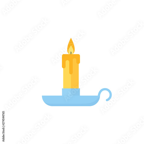 Candle icon. Vector. Christmas symbol. Burning yellow candle in blue candlestick. Isolated on white background in flat design. Cartoon colorful illustration.