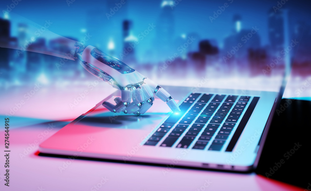 Robotic hand pressing a keyboard on a laptop 3D rendering