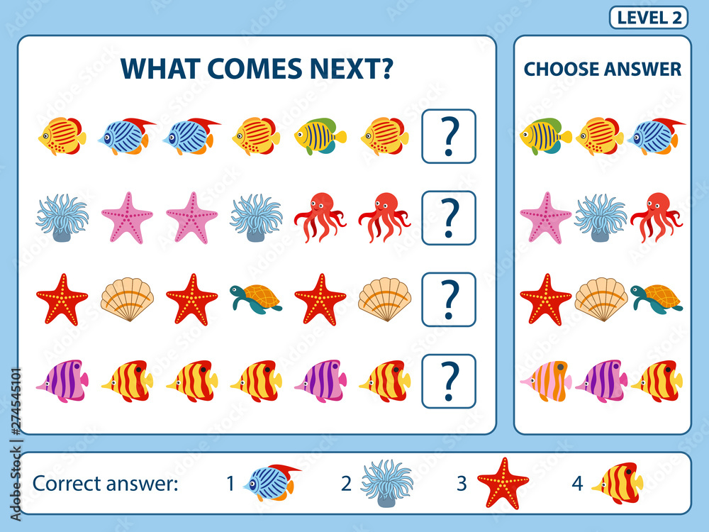 Set of tasks for the development of logical thinking of children. Find the regularity and continue the row task. Set composed of sea animals and fish. Difficulty level 2. Vector illustration