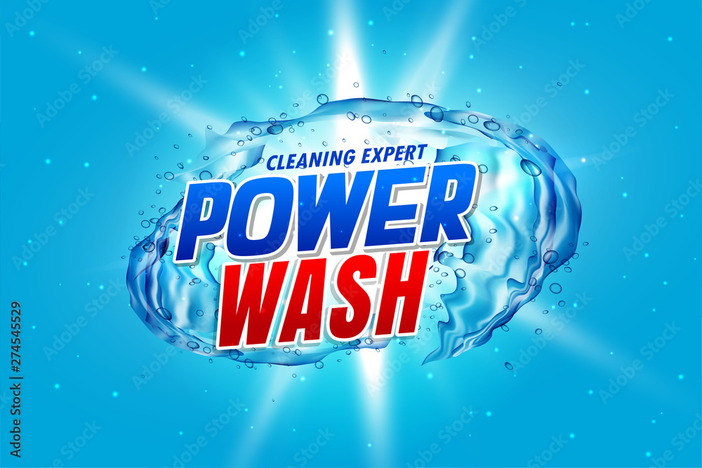 power wash detergent packaging concept with water splash - obrazy, fototapety, plakaty 