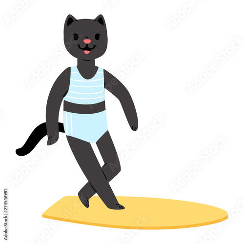 Surf vector cat animal surfer character surfing on surfboard illustration animalistic cartoon young sportsman kitty girl and on wakeboard isolated on white background