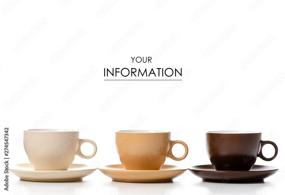 Set of coffee cups with saucers pattern on a white background. Isolation