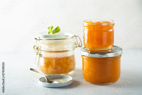 Homemade apricot jam in jars