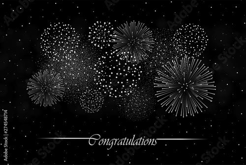 Big realistic firework show on night sky background. Independence day concept. Congratulations background. Luxury abstract. Explosion concept. Galaxy show. Vector illustration