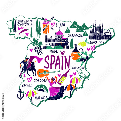 Vector illustration of the cartoon Spain map with the architecture symbols and lettering hand drawn on white background for tourist guide and posters.