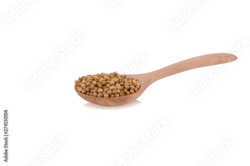 Coriander seeds in wood spoon on white background