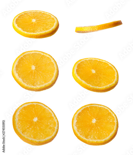 Set of cut fresh juicy orange on white background