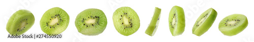 Foto Set of cut fresh juicy kiwi on white background. Banner design