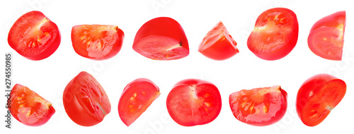 Set of cut red cherry tomatoes on white background. Banner design