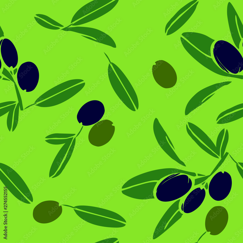 Naklejka premium Seamless pattern with green and purple olive branches on a light green background for a decorative design or for a banner on the site. Vector illustration