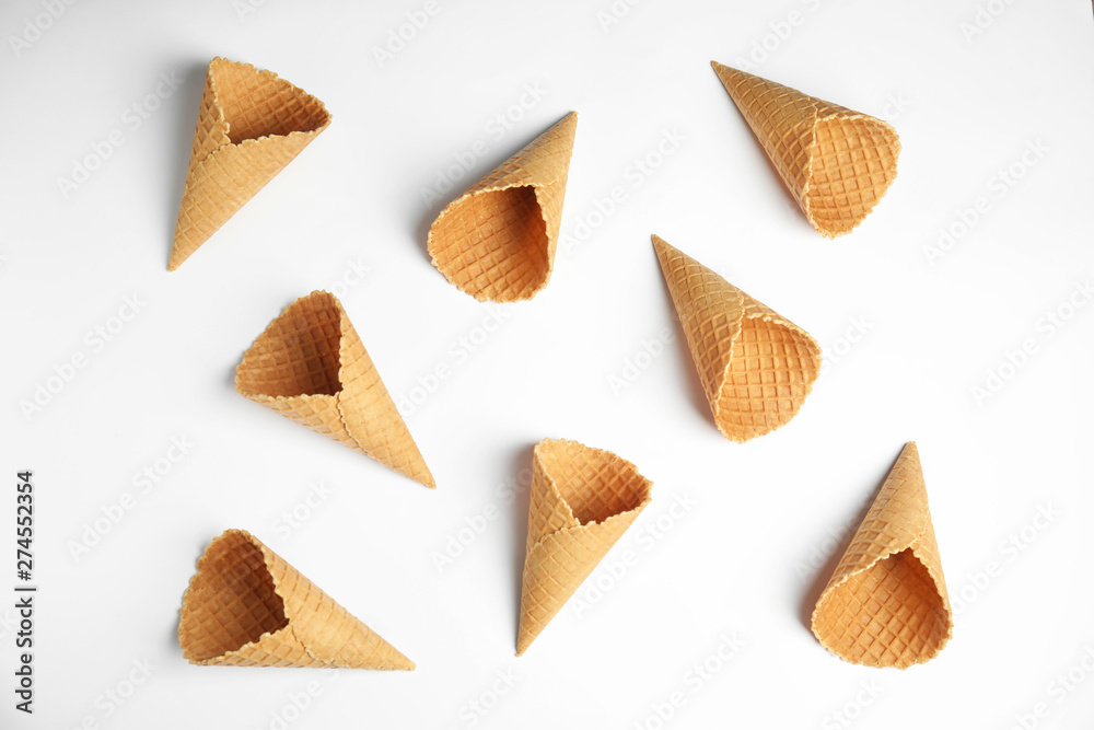 Waffle empty ice cream cones on white background, top view Waffle empty ice cream cones on white background, top view