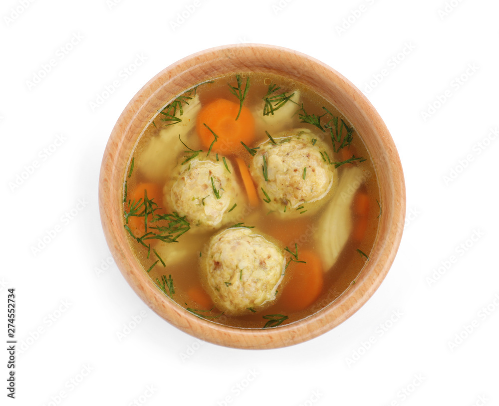 Bowl of Jewish matzoh balls soup isolated on white, top view Bowl of Jewish matzoh balls soup isolated on white, top view