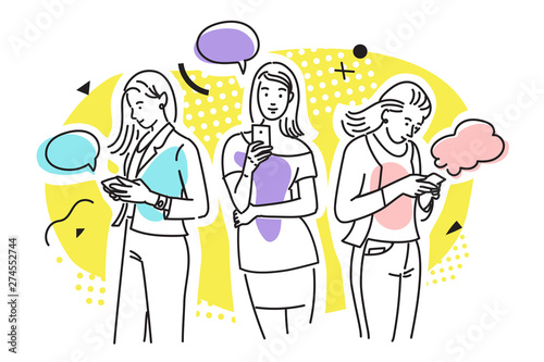 Group of girls using smartphones.  Bright modern vector illustration with three women using their smartphones. 