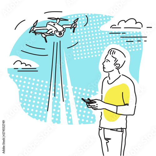 Young man playing with a drone or a quadcopter. Colorful hand drawned illustration.