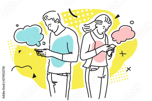Young man and woman using their smartphone. Colorful vector illustration.