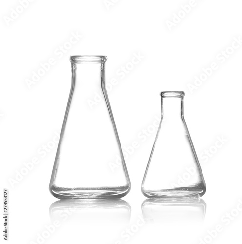 Empty conical flasks on white background. Chemistry glassware