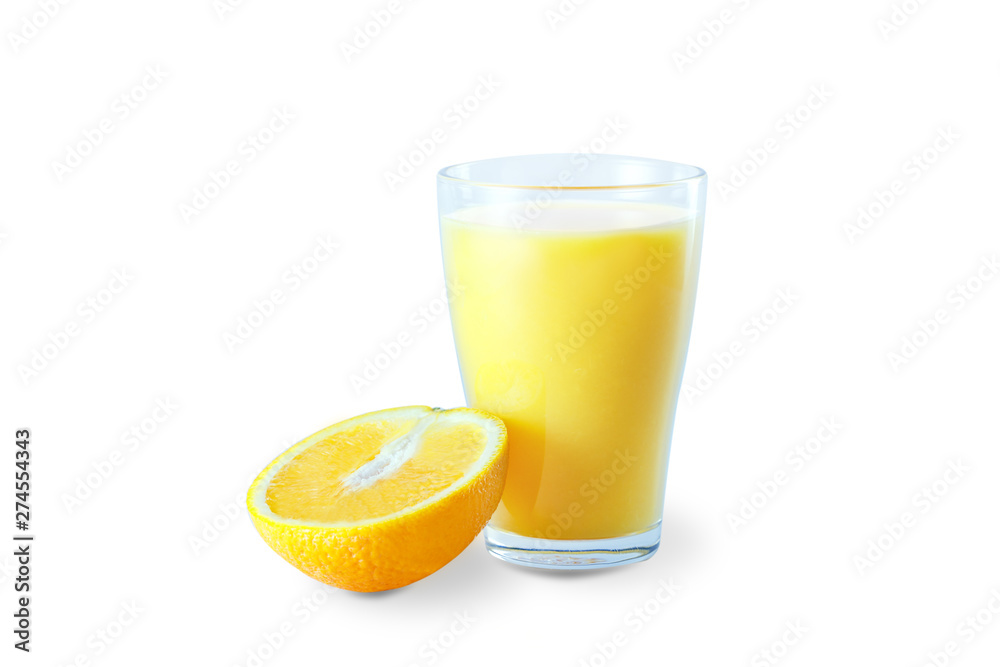 Two glasses with fresh orange juice with fruits, isolated on white background. Two glasses with fresh orange juice with fruits, isolated on white background.