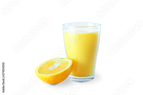 Two glasses with fresh orange juice with fruits, isolated on white background.