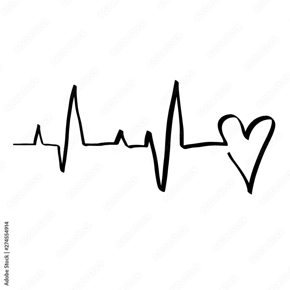 Black Heart cardiogram vector illustration mono line style. Romantic minimalism calligraphy love sign heartbeat. Hand drawn icon Valentines day, wedding. Medicine concept symbol for greeting card