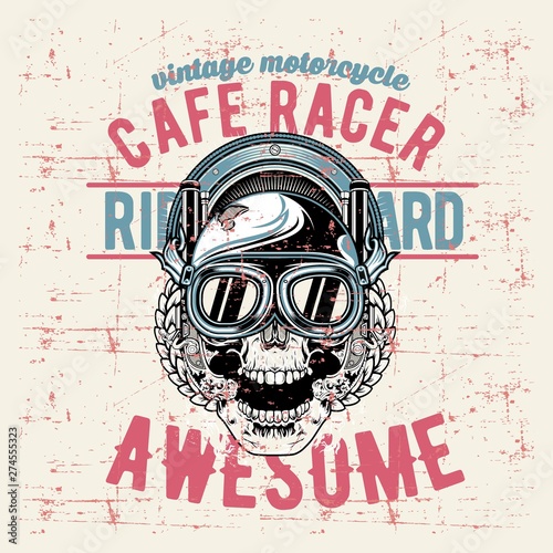 grunge style vintage skull cafe racer hand drawing vector