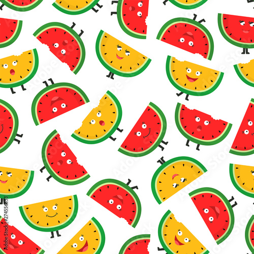 Seamless pattern with ripe watermelon slices. Cute cartoon character. Fruit colorful background.