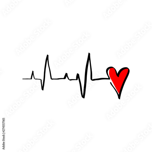Black Red Heart cardiogram vector illustration monoline style. Romantic minimalism calligraphy love sign heartbeat. Hand drawn icon Valentines day, wedding. Medicine concept symbol for greeting card
