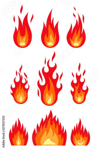 Fire flame set isolated on the white background. Different shapes flat style. Vector illustration.