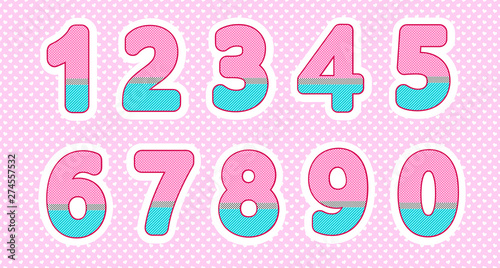 Set of numbers in lol doll style. Baby design. Bright pink, blue colors. Polka dot pattern