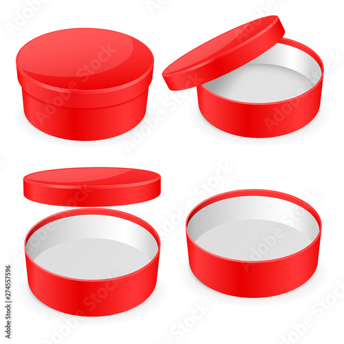 Round red hat box. Open and closed empty carton