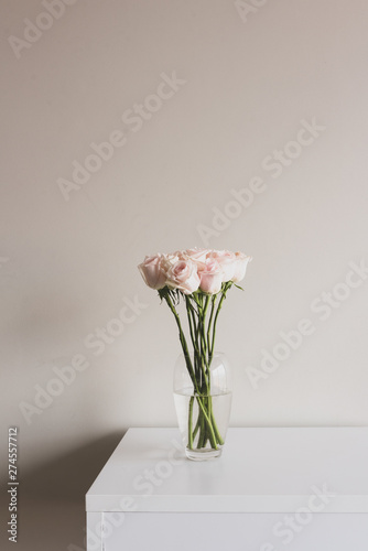 Long stemmed pale pink roses in glass vase on white cabinet against neutral wall background - matte filter effect