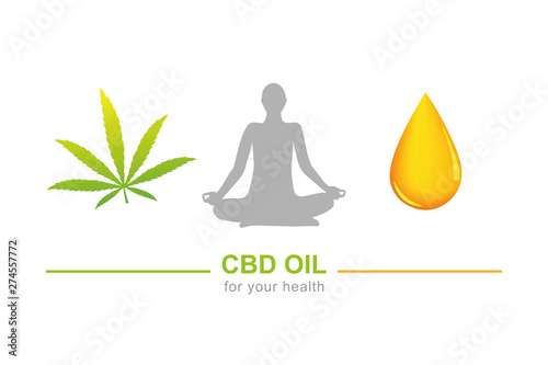 cbd oil for health concept with cannabis leaf yoga and oil drop vector illustration EPS10
