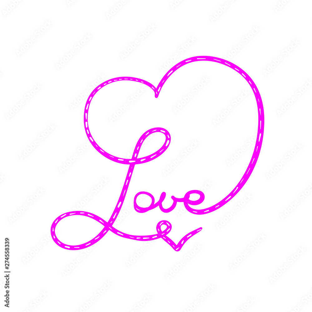 Abstract Love Heart Pink White sign lettering. Vector calligraphy illustration. Hand drawn wedding necklace jewelry. Infinity symbol design background. Handwritten text. Holiday romantic greeting card